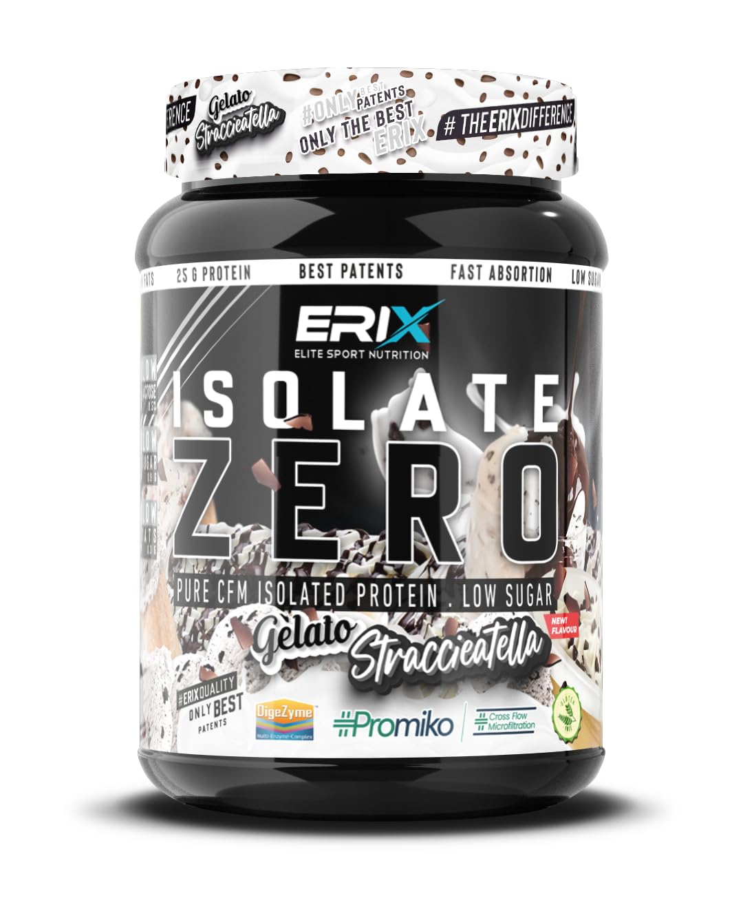 ERIX Nutrición ISO Zero 900g, Proteína Aislada de Suero CFM, Alta Pureza, Sin Azúcares añadidos, Bajo en Grasa y Lactosa, Alimento Deportivo para Rendimiento Muscular (Straciatella)