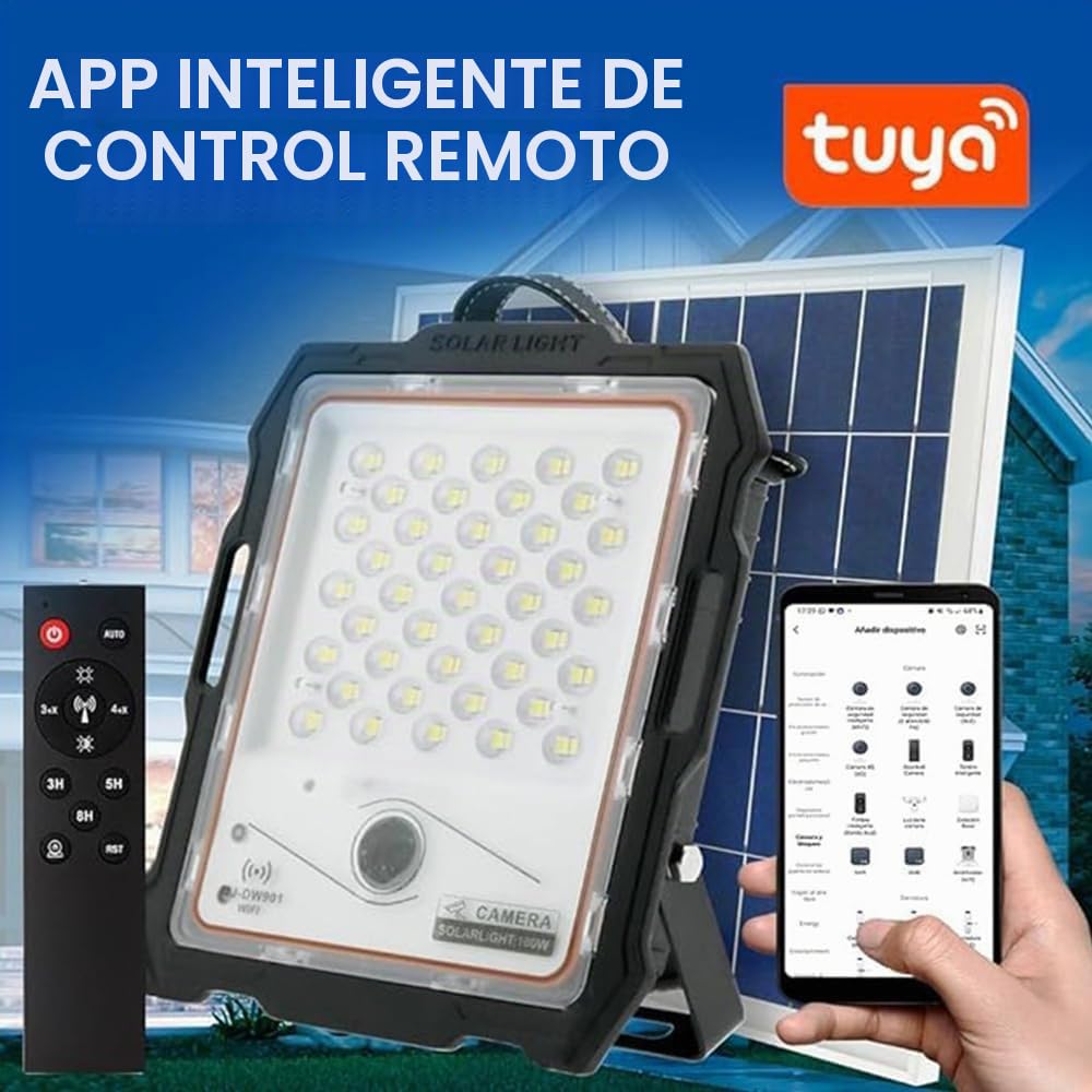 M Ledme - Foco Proyector Led Solar Con Cámara Jeff 300W, luz fría (6000k), Sensor de movimiento/crepuscular, 1080P, Impermeable IP67, 2900lm, Control remoto con App, Para Patio, Jardín, Camino.