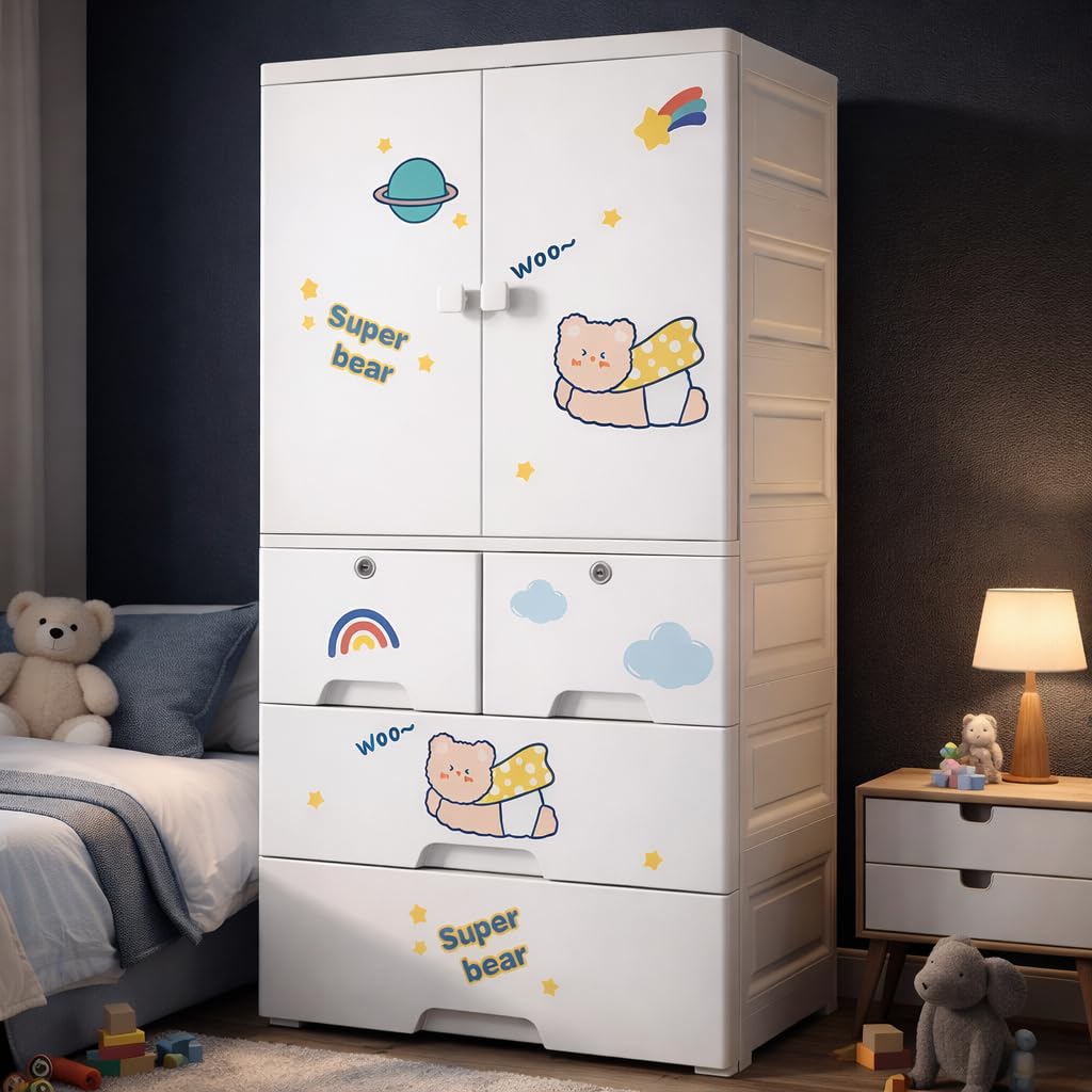 AYSIS Kids Plastic Collapsible Wardrobe Organizer for Storage with Drawers | Cute Cartoon Design | Heavy Duty Cloth Organizer for Storage | Easy to Assemble | Perfect for Kids Room & Home | Whiteber-image-8