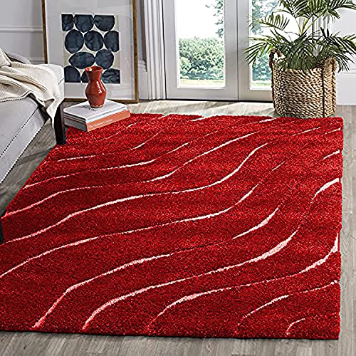 Image of Textured Wave Shaggy Carpet for Living Room, Bedroom, High Low Design Finish Microfiber 1.8 Inch Pile High, 5x7 Feet Red Ivory Color