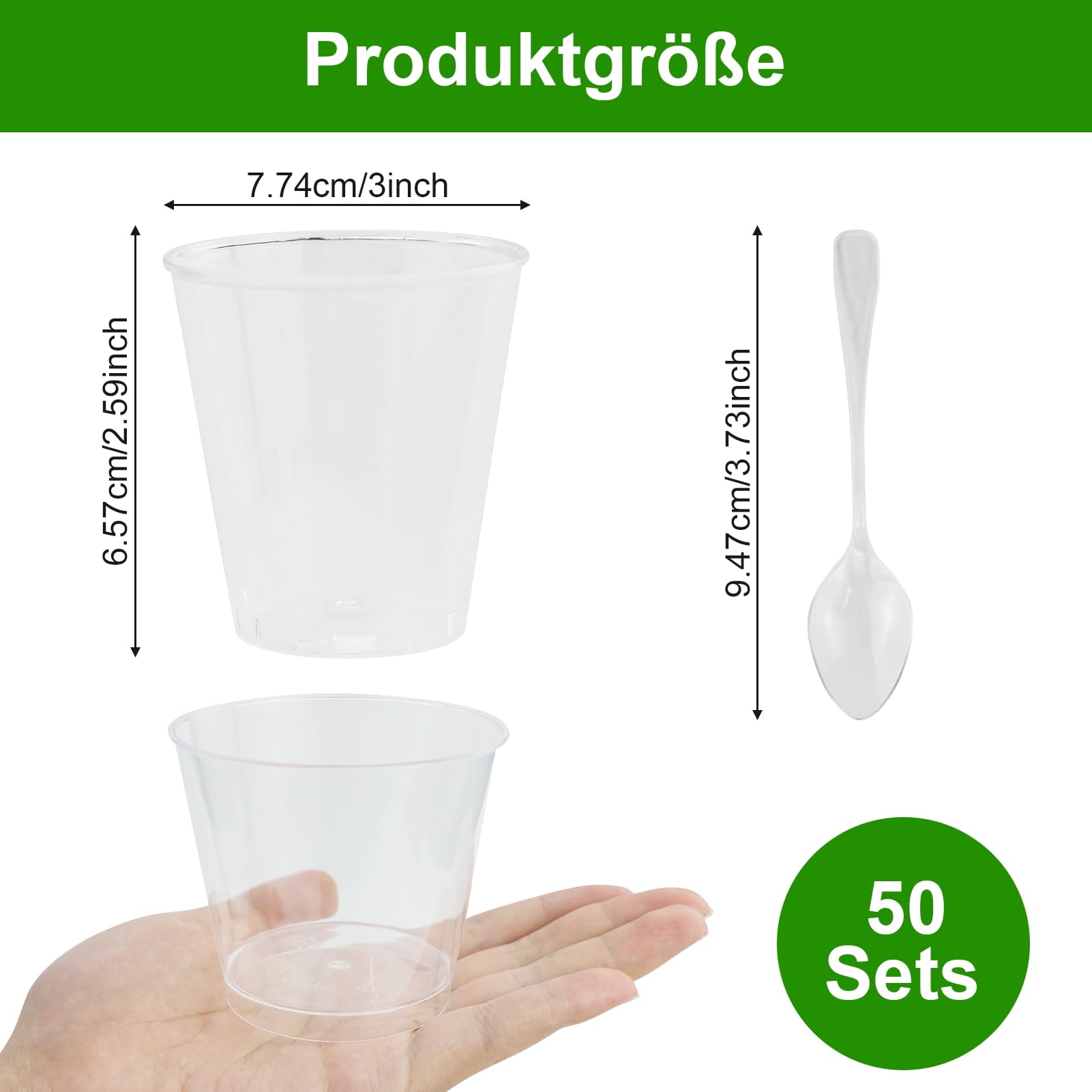 Set di 50 tazze da dessert con 50 cucchiai, Bicchieri da Dessert 200 ml, bicchieri da dessert trasparenti, riutilizzabili, per casa, dessert, budino, mousse, ghiaccio, yogurt, feste