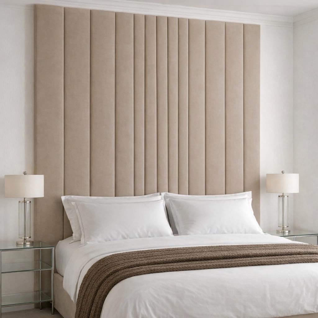 Spring Well Extra Tall Upholstered Headboard, Plush Velvet Panelled Design, Wall Mounted, Modern Style, Single to Super King Sizes (Grey, 4ft6 Double 44'' Tall)