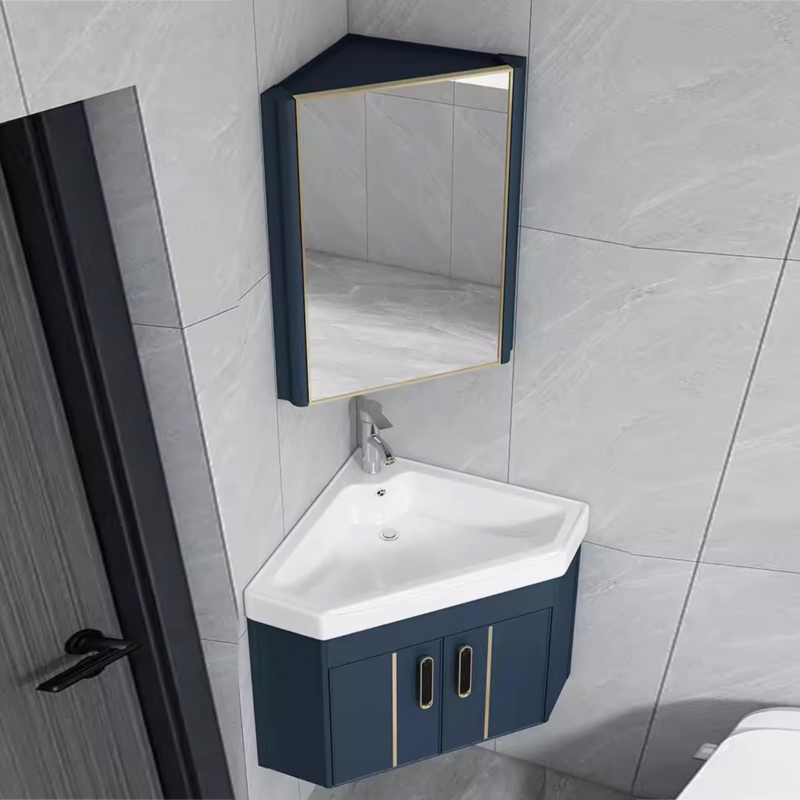 SGKOMN Corner Bathroom Vanity Cabinet and Sink, Bathroom Vanity with Sink and Mirror Cabinet, Wall Bathroom Sink Cabinet, for Small Space Wall Mounted Floating Cabinet, Blue-38cm/15