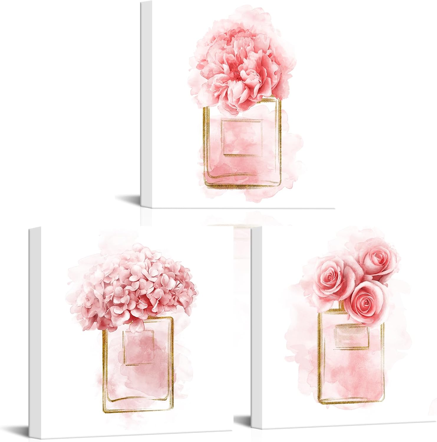 Apicoture Pink Flower Wall Art Pink Floral Perfume Bottle Wall Art Fashionable Perfume Floral Wall Deocr for Bathroom Womens Girls Dressing Room Bedroom Wall Decor Ready to Hang12 X12 X3