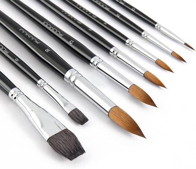 Sable Watercolour Brushes, 8PCS Kolinsky Sable Brushes & Genuine Squirrel Hair Flat Wash Brushes Enhanced Color Holding Capacity for Watercolour Gouache Inks Painting