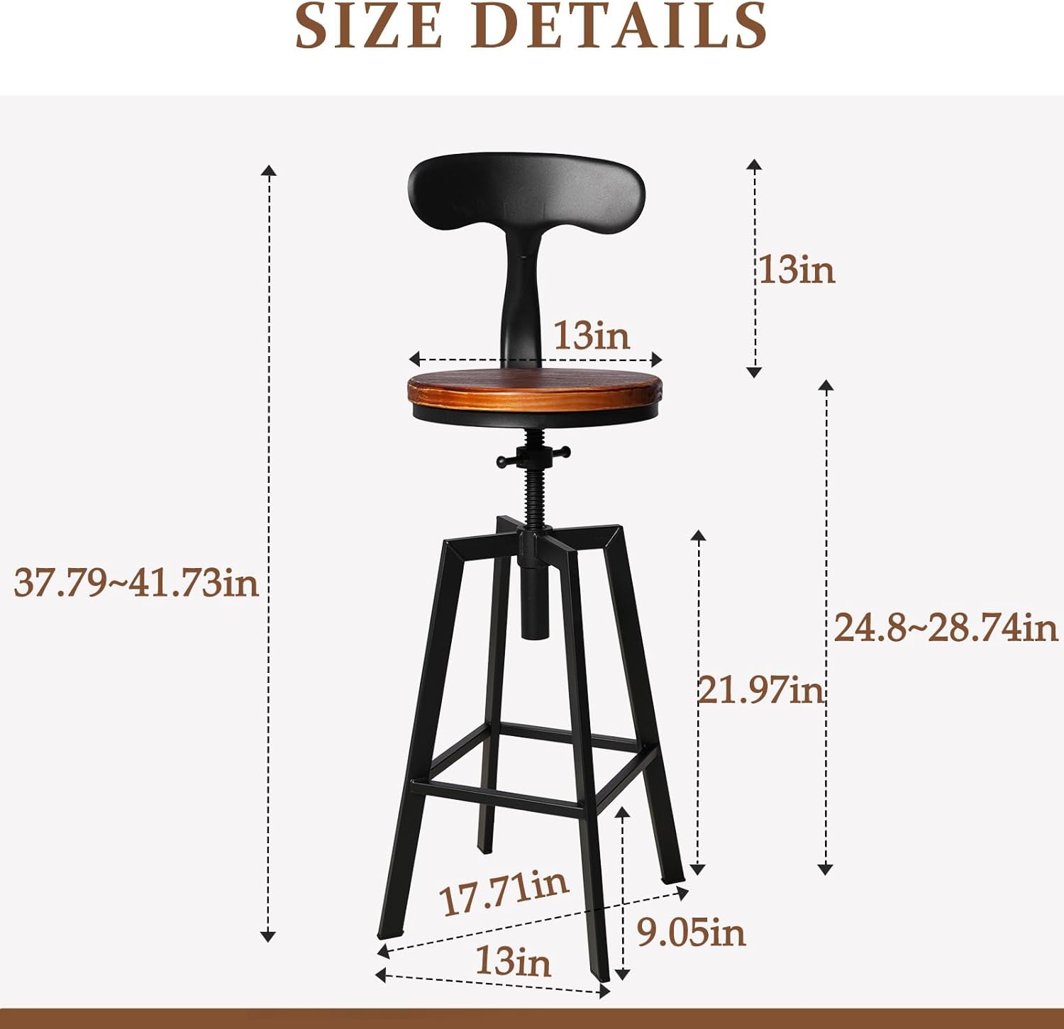 Set of 2 Industrial Bar Stools with Backrest Swivel Wooden Seat Height Adjustable 25-32inchKitchen Island Stool Breakfast Dining Chair