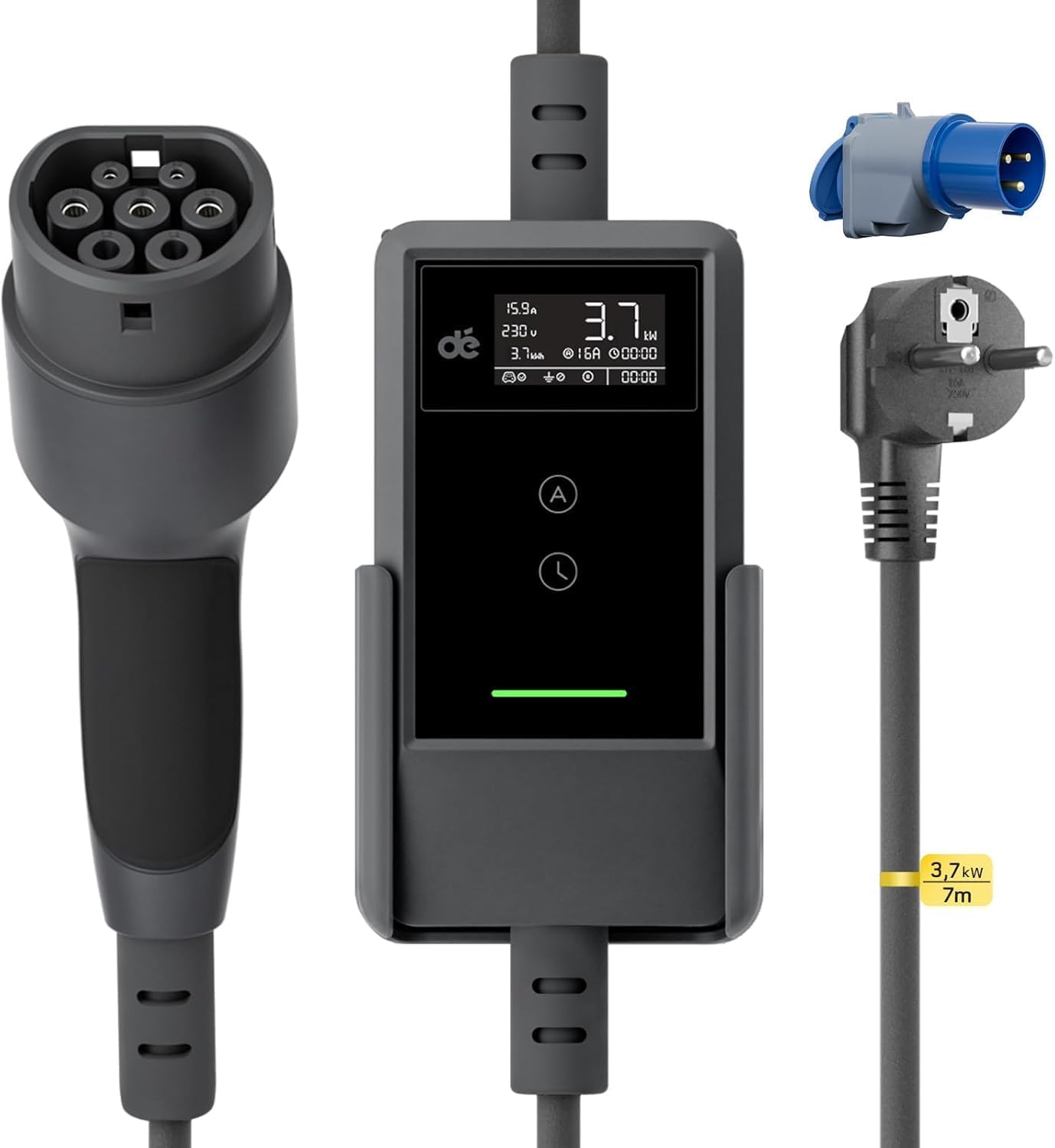 dé Electric Car Charger 3.7kW [7 m, 6/8/10/13/16A] Portable Electric Vehicle Charger with Wall Mount, Digital LCD Display, Controllable for Model Y/3, GLC, A250, GLA, Q3 and Other EV/PHEV