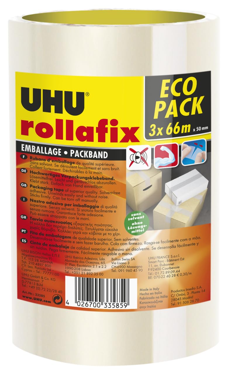 UHU Rollafix Packing Tape Clear Pack of 3 66m x 50mm