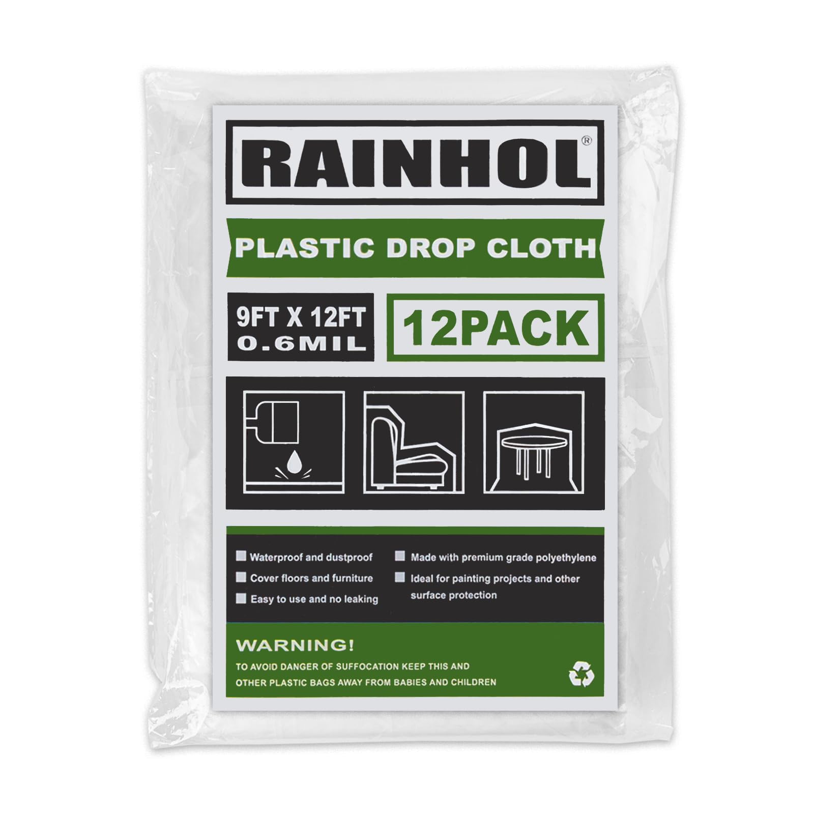 RAINHOL 12 Pieces Plastic Drop Cloth 9x12 Ft - Clear Plastic Sheeting, Disposable Plastic Tarps for Painting, Dust-Proof, Furniture Cover