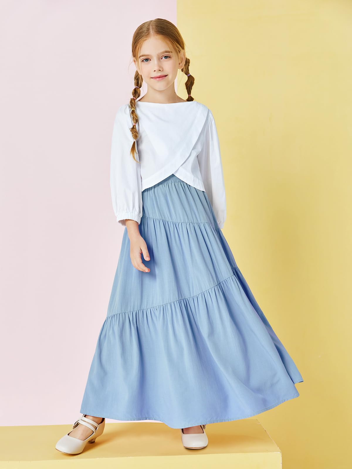 Haloumoning Maxi gonna elastica a vita alta da bambina, stile bohémien, a strati, plissettata, con tasche, 5-14 anni