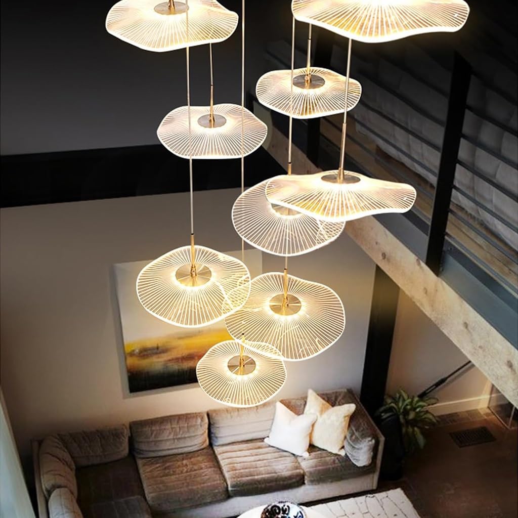 Lámpara Colgante Moderna En Forma De Hoja De Loto Dorada 12 Luces LED con Mando 3000K-6500K Altura Ajustable para Escaleras Villas Y Comedor Araña De Cristal En Aluminio Y Acrílico(9 Lights)