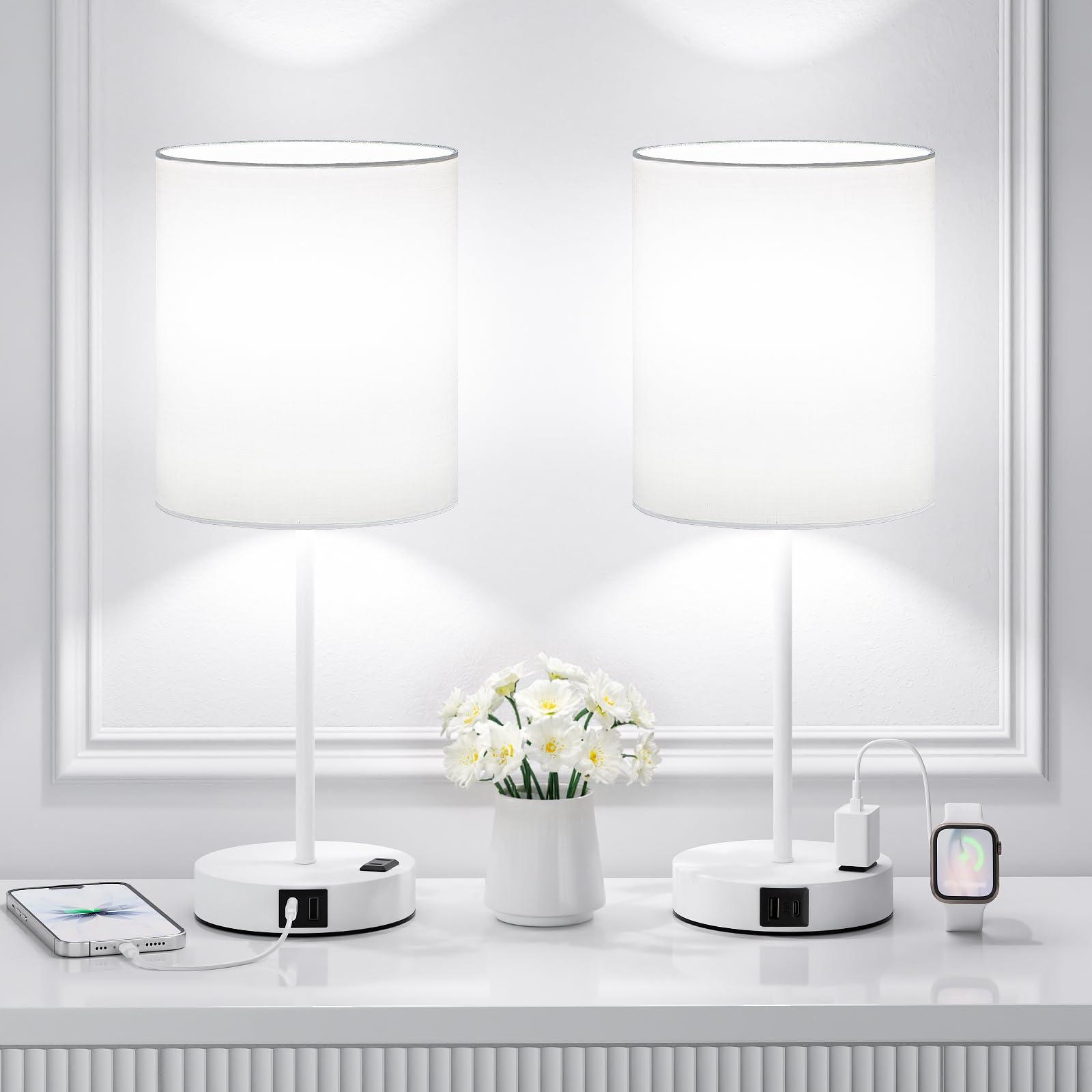 White Touch Lampen für Nachttisch 2er Set - Nachttischlampe für Schlafzimmer mit Dual-USB-Anschlüssen & AC-Steckdose, 3-Wege-Dimmbare Lampen für Wohnzimmer Jungenzimmer, Nachtlicht mit 5000K