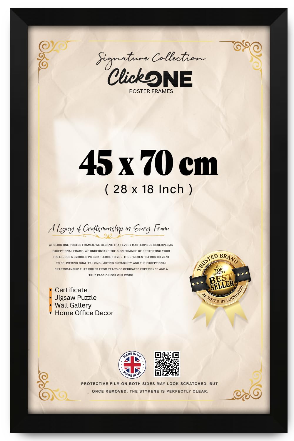 Click One | 45 X 70 Cm (28 X 18 Inch) Matt Black Wall Frame For Paintings And Photos — Gallery Style Border For Living Rooms, Offices, Art Spaces With Easy Mounting And Sleek Profile