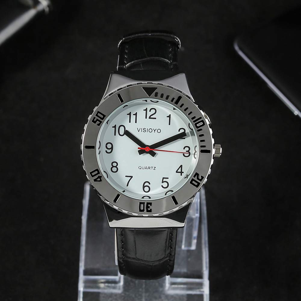 Reloj parlante analógico con alarma, anuncio de hora y fecha en francés para ciegas y personas con discapacidad visual, correa de piel negra TFBW-1601F, Clásico