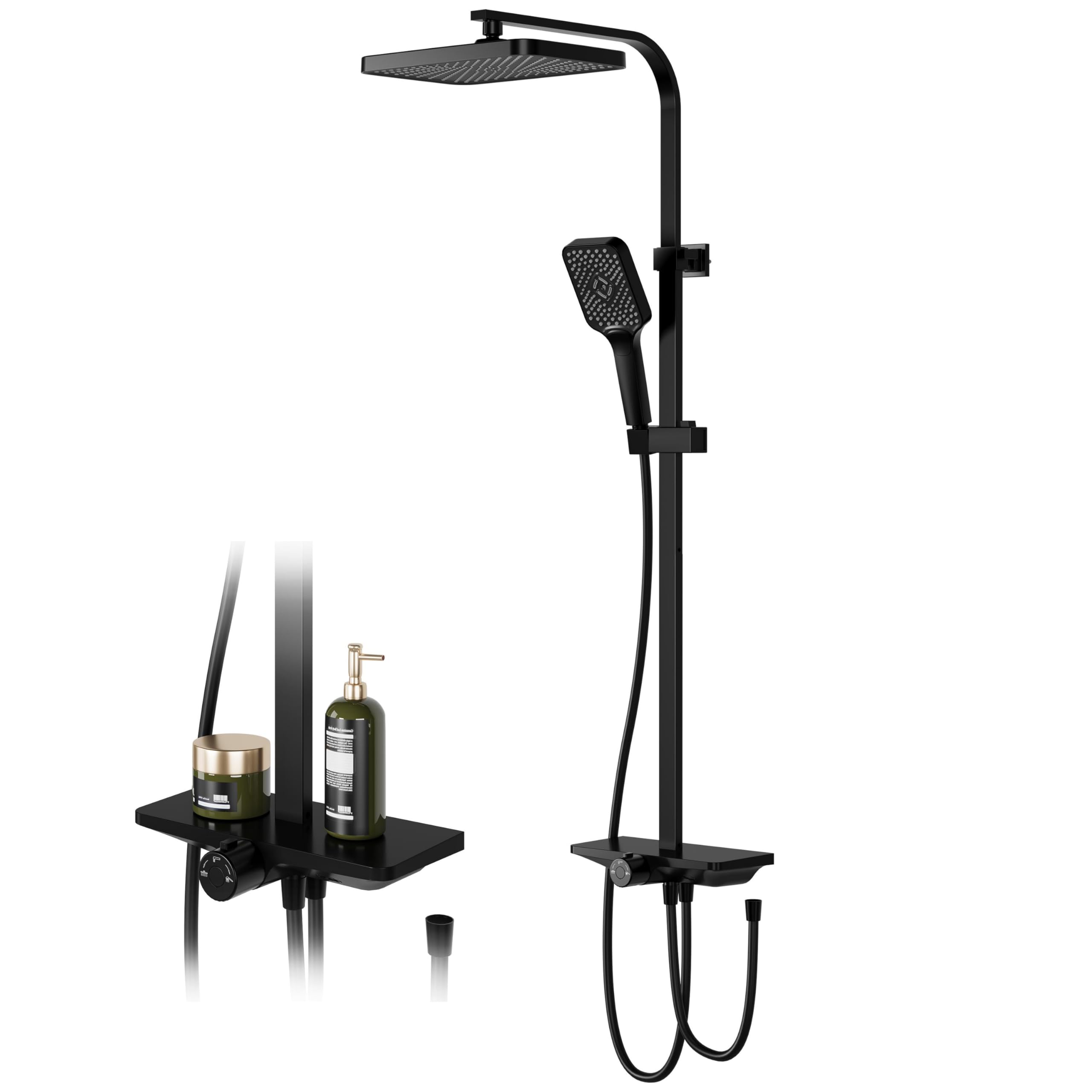 Columna de ducha de lluvia negra sin grifería con estante – mecanismo de ducha ajustable – Cabezal cuadrado de acero inoxidable 30x20.5 cm – Barra de ducha y rociador superior – Tubo cuadrado – Color: