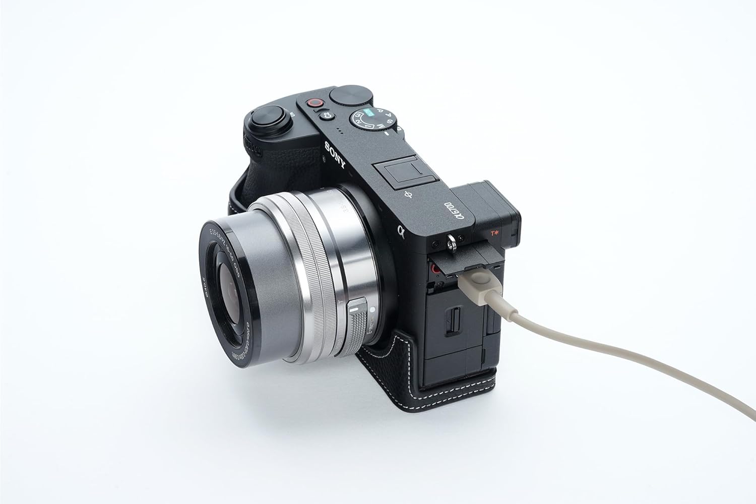 A6700 Camera Case, BMAOLLONGB Handmade Genuine Real Leather Half Camera Case Bag Cover for Sony Alpha A6700 Camera Bottom Opening Version + Hand Strap (Black)