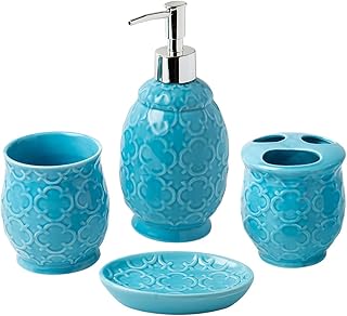 Designer 4-Piece Bathroom Accessory Set – Ceramic Bath Set w/ Liquid Soap or Lotion Dispenser, Toothbrush Holder, Tumbler ...