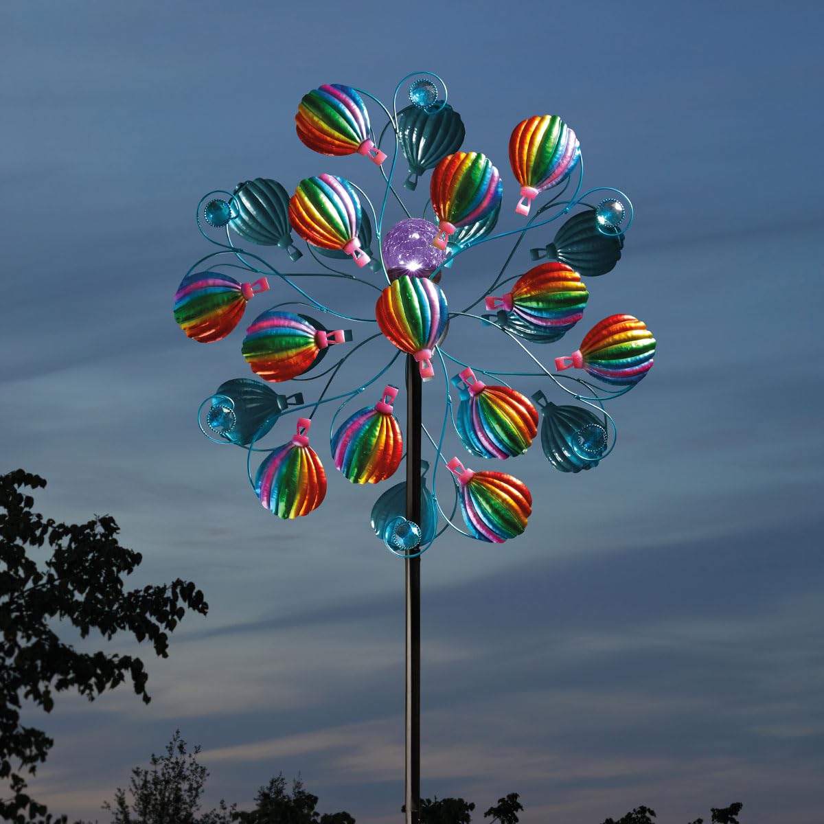 Festive Lights - 2.1m 7ft SkyRunner Hot Air Balloon Multicoloured Solar Garden Wind Spinner - Multi Coloured LED, Crackle Glass Effect Orb, Weather-Resistant - IP44 Outdoor Stake Light, Spinning Arms