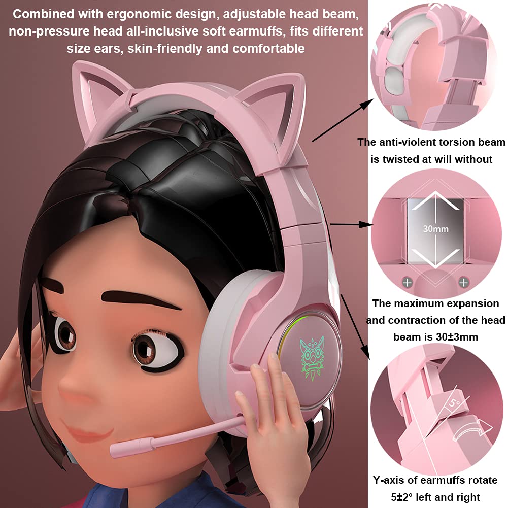USB Casque de Jeu Rose Gaming Headset avec Oreille de Chat | Filaire Headset, Son Surround 7.1, Réduction de Bruit, Lumière LED RGB, Réglable Microphone, Pour PC Femmes Filles Adulte