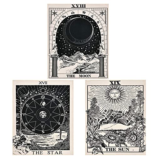 ZJYY 3 Stück Schwarze Tarotkarten Wandtuch, Tarot Banner Wandbehang, Wandteppich Mit Sternen und Mond, Wandteppiche, mit Nägeln, Geeignet für Schlafzimmer, Wohnzimmer, Wanddekoration