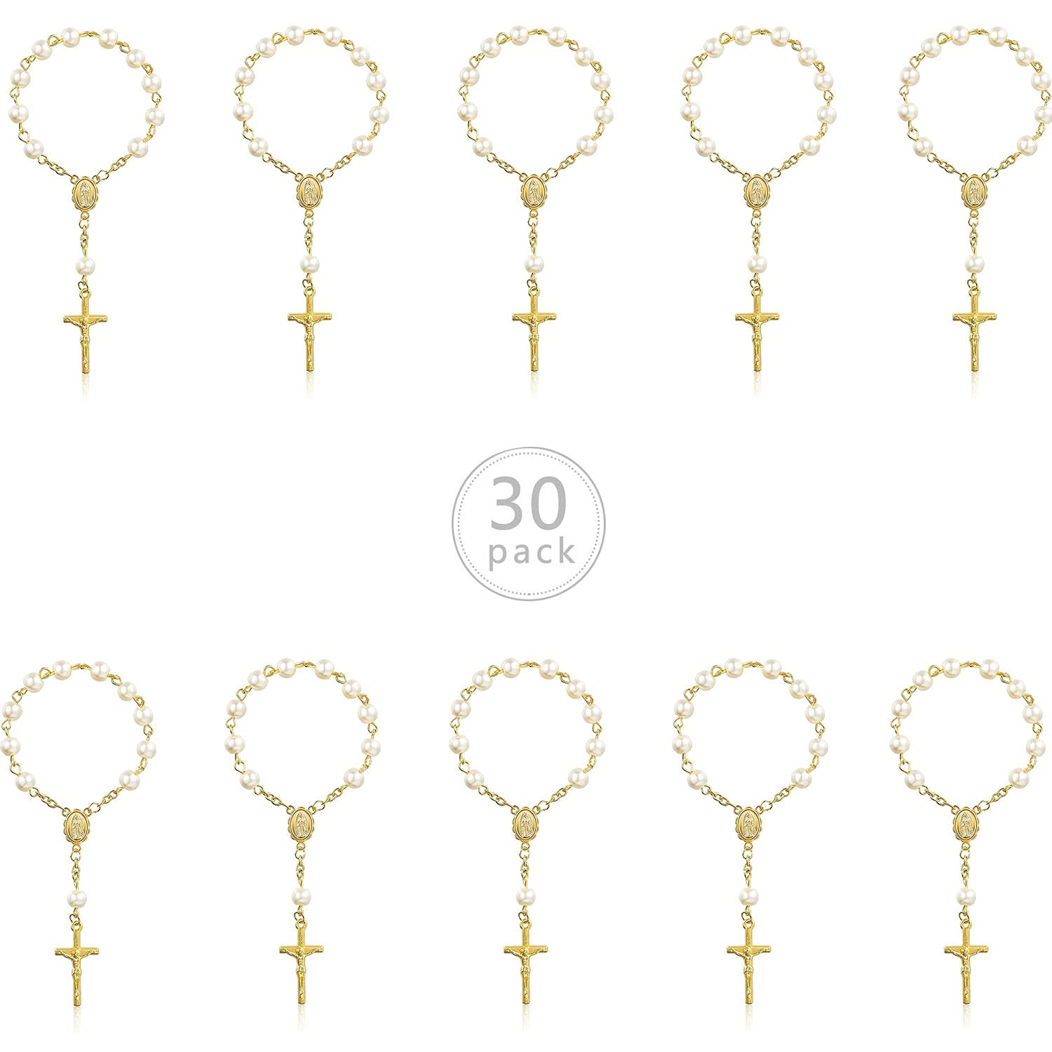 Nano Classic 30 Pieces Baptism Rosary Acrylic Rosary Mini Rosary for Bautizo Decorations, Funeral Favors, Baptism Gifts for Girls and Boys (Ivory Pearl Gold Chain)