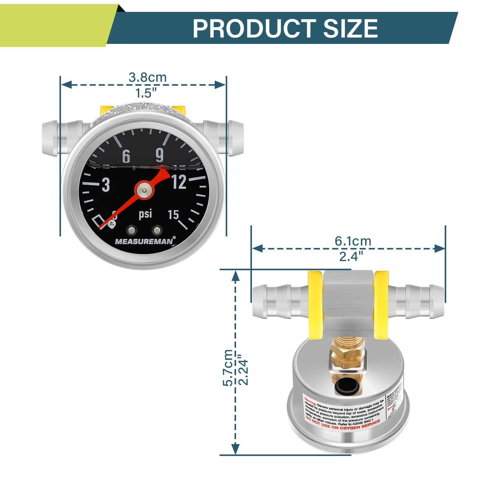 MEANLIN MEASURE Manometer 0–16 Bar / 230 PSI – Edelstahl, 1/8 BSP, 1,5 Zoll Zifferblatt, Glycerinbefüllt, Rückmontage, Mit Adaptern