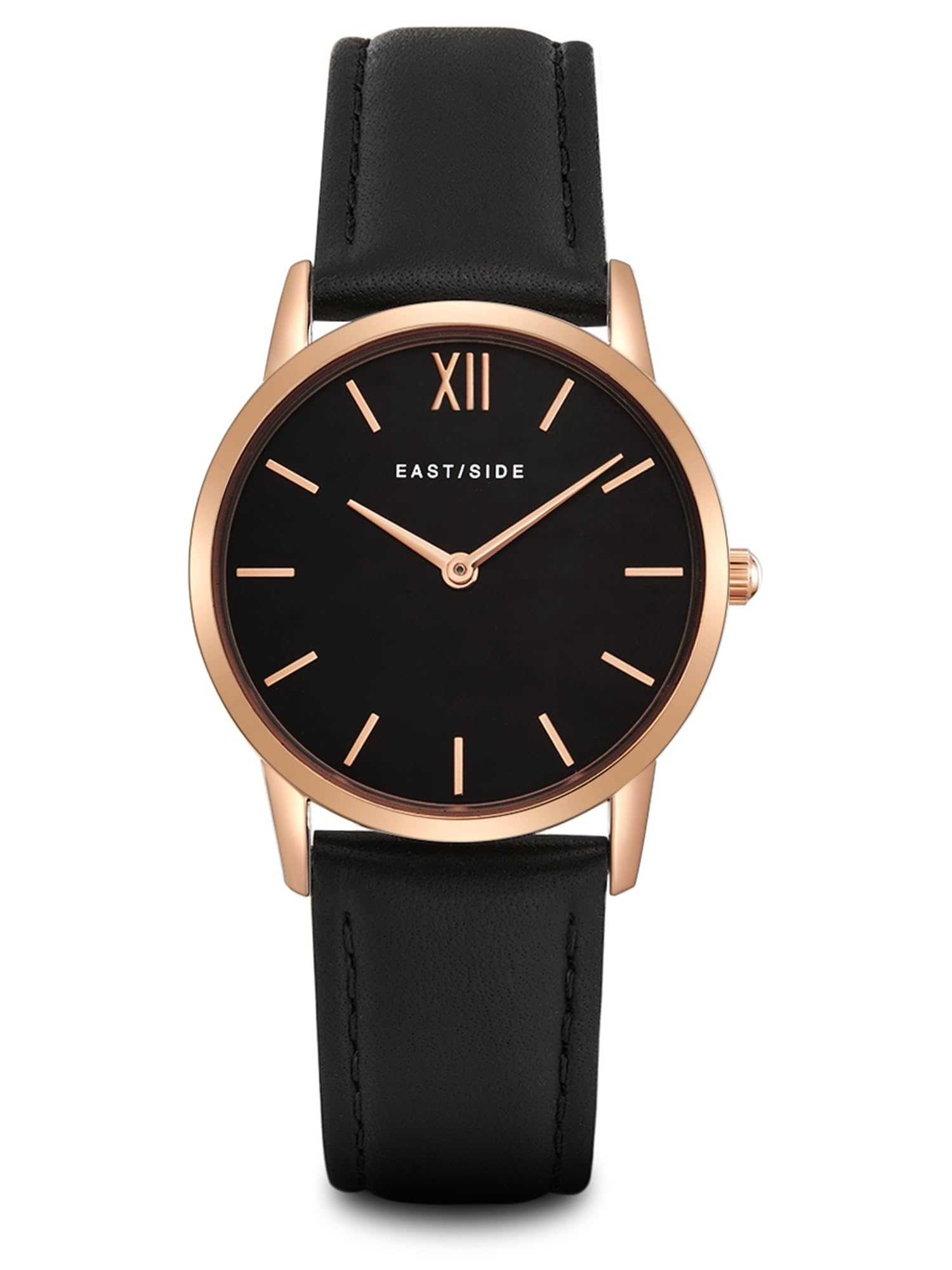 Eastside Damen Uhr Roségold mit Echtleder Armband Schwarz 3 ATM Quarzwerk | analog,Mineralglas,Strichindizes,Schwert-Zeiger,Armbanduhr,Fashionuhr,10080023