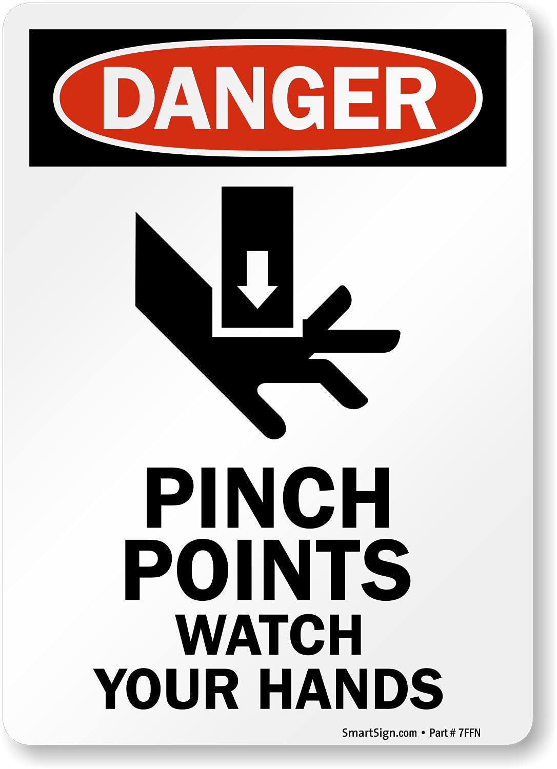 SmartSign 7 x 5 inch “Danger - Pinch Points, Watch Your Hands” OSHA Label, 3 mil Laminated Adhesive Polyester, Red, Black and White