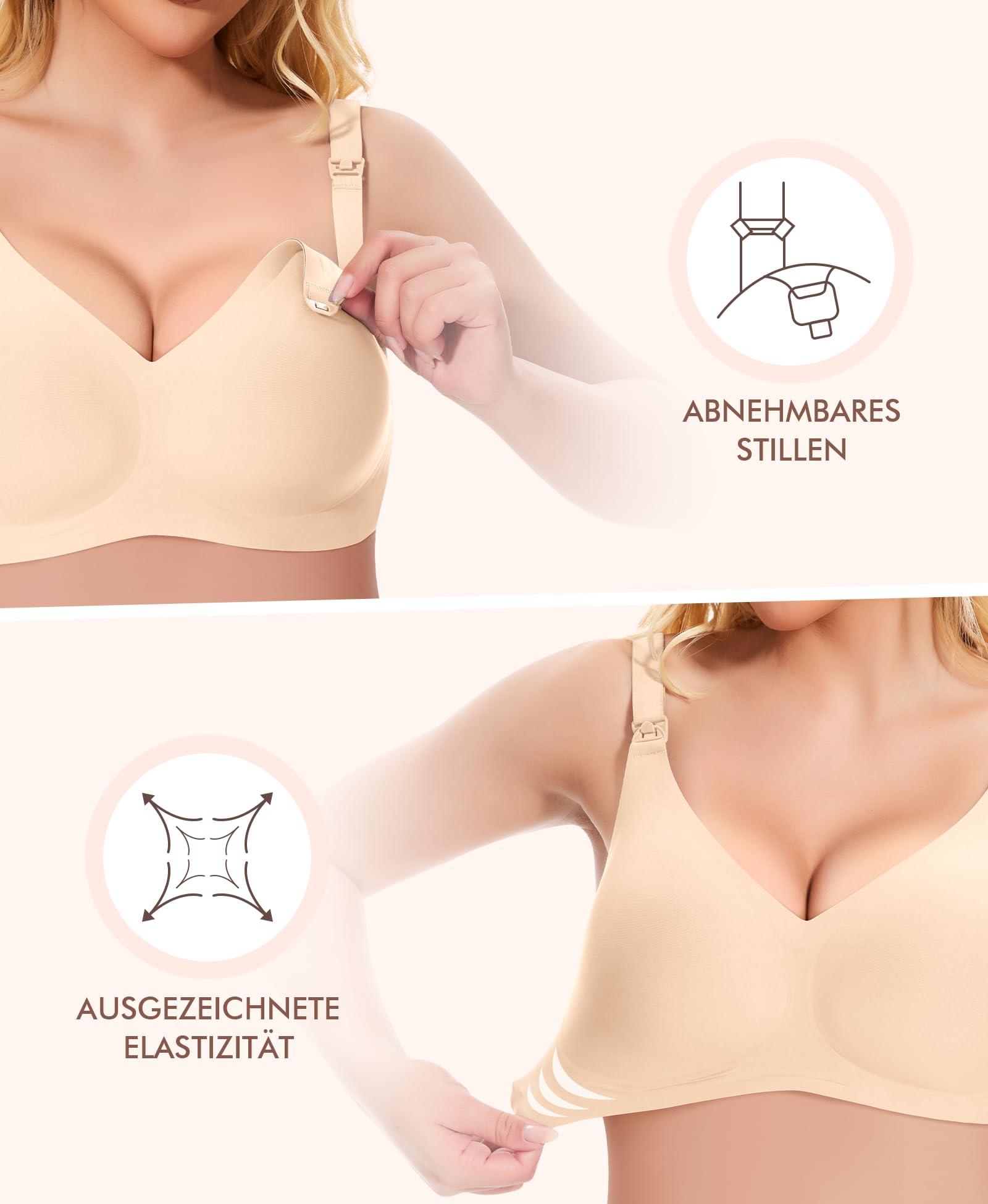 QooNoo Reggiseno per allattamento, senza ferretto, per gravidanza, seni grandi, in cotone, per dormire e allattamento, beige., 3XL