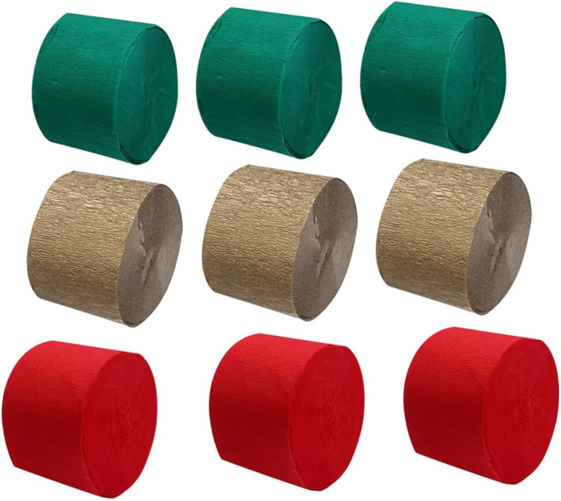 Zerodeko 9pcs Crepe Paper Streamers DIY Craft Supplies, Red Green Gold Wrinkle Crepe Paper Rolls for Halloween Party Decorations, 4.5cm X 25m Each
