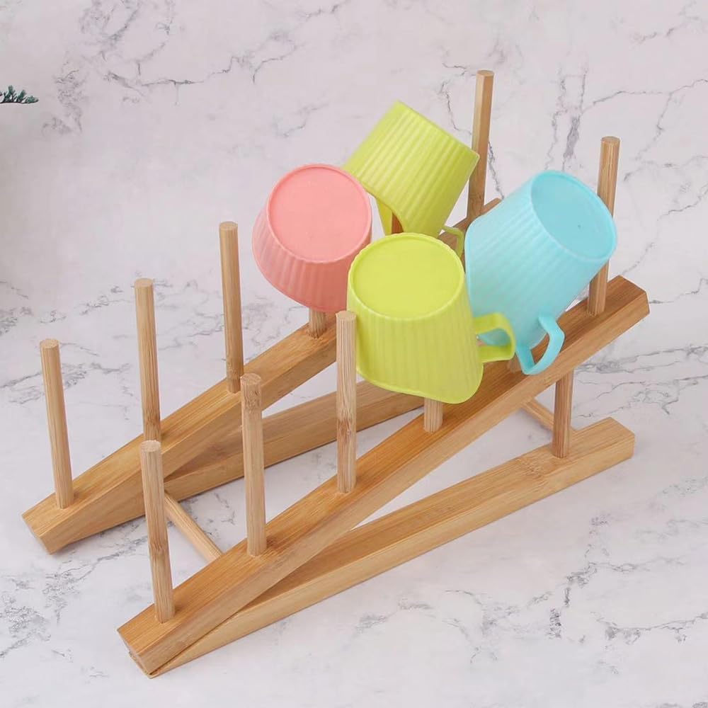Égouttoir à Vaisselle En Bambou 4 Pièces | Range Assiettes Et Verres | Rangement Cuisine Compact