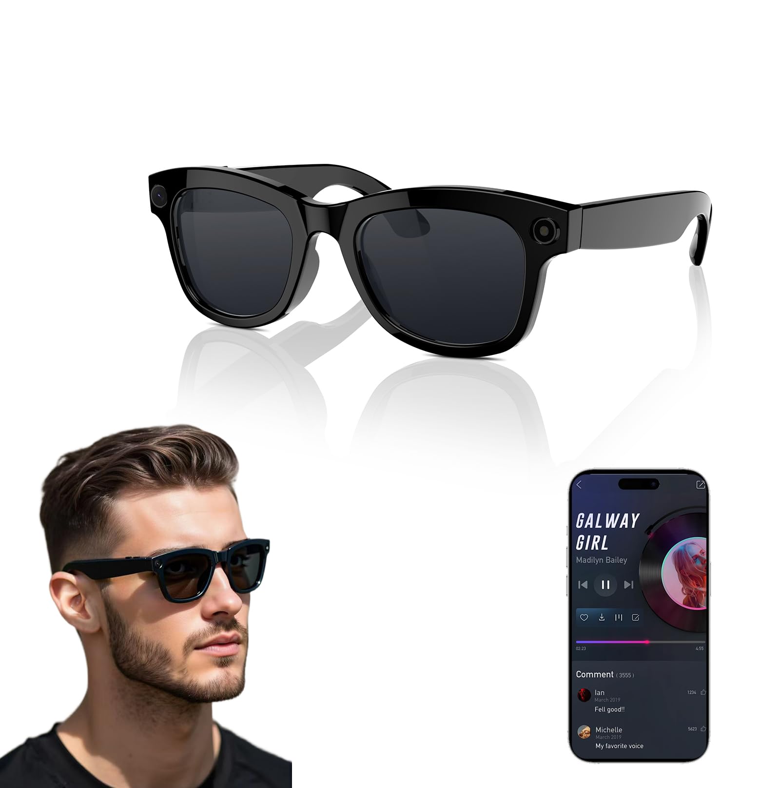Occhiali intelligenti AI con ChatGPT e fotocamera da 8 MP | Registrazione video HD, occhiali da sole con traduzione in tempo reale, controllo musicale e vocale, stabilizzazione EIS | Occhiali