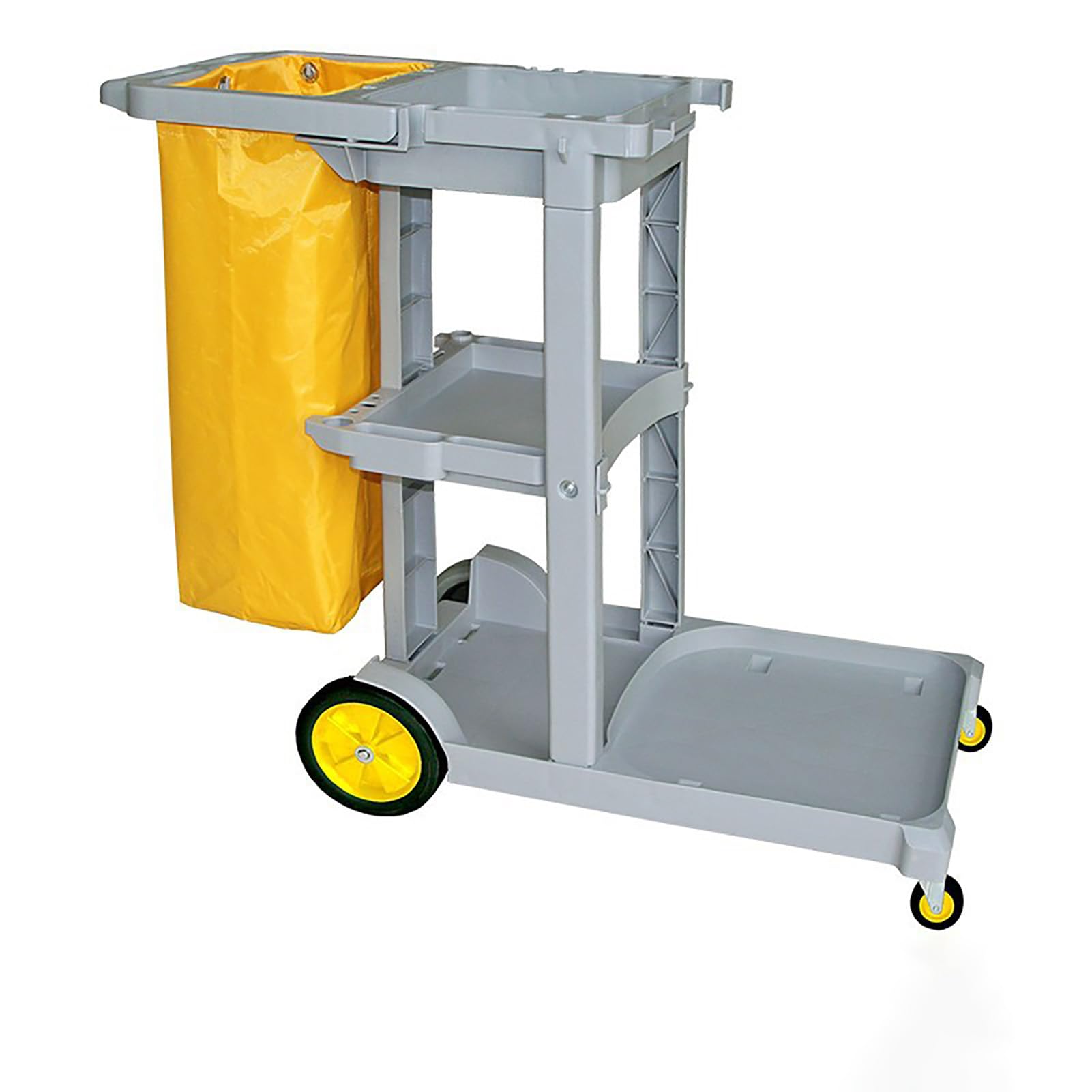 Carrello per Pulizie su Ruote con Sacco in Vinile, Carrello per Pulizie Commerciale a 3 Ripiani Resistente per Hotel, Centri Commerciali e uffici, Colore Grigio.
