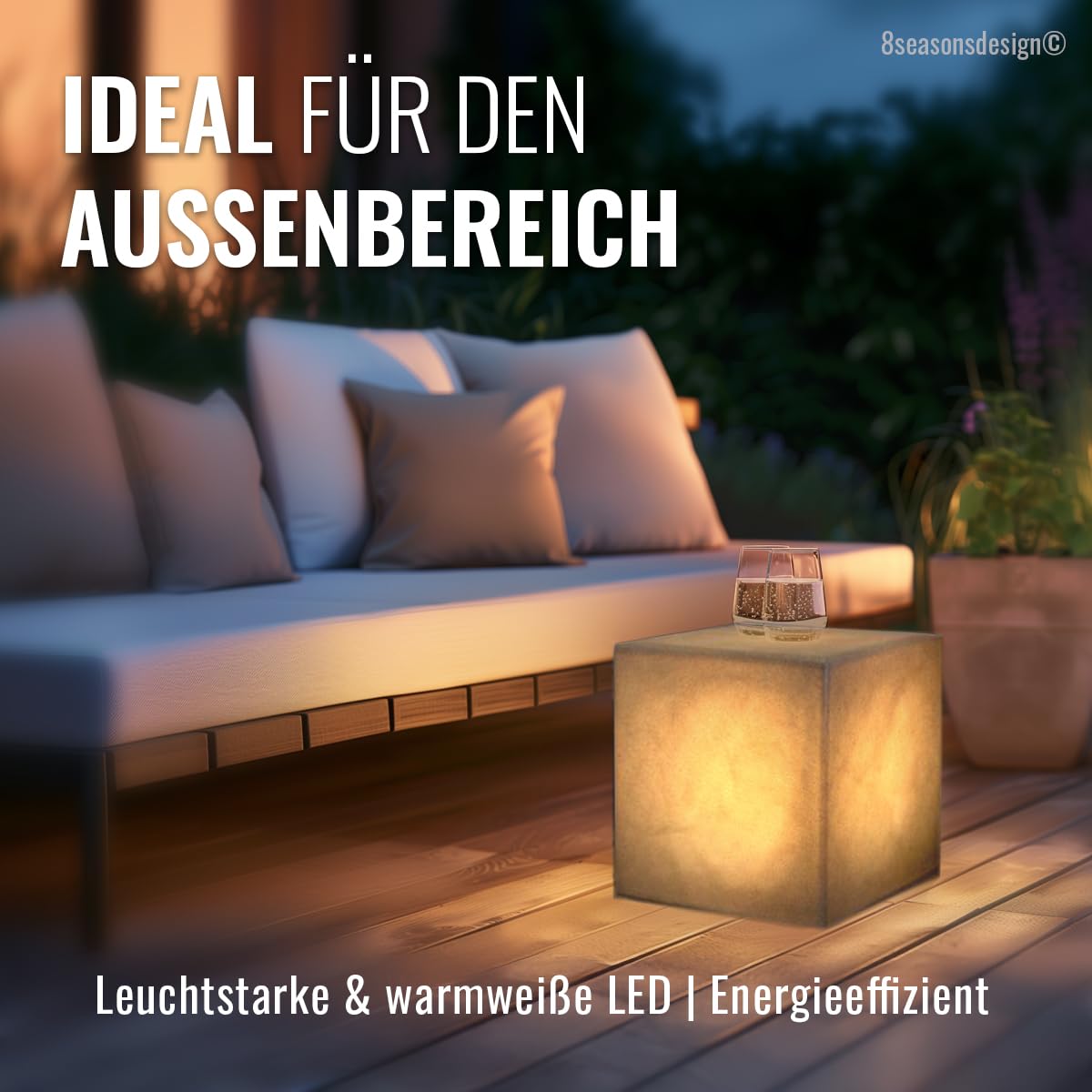 8 seasons design LED Würfel 33 cm, Shining Cube (Anthrazit) E27-Fassung, Leuchtmittel warmweiß – wetterfest – Leuchtwürfel für außen (Garten, Terrasse, Balkon) und innen – Beistelltisch, Hocker