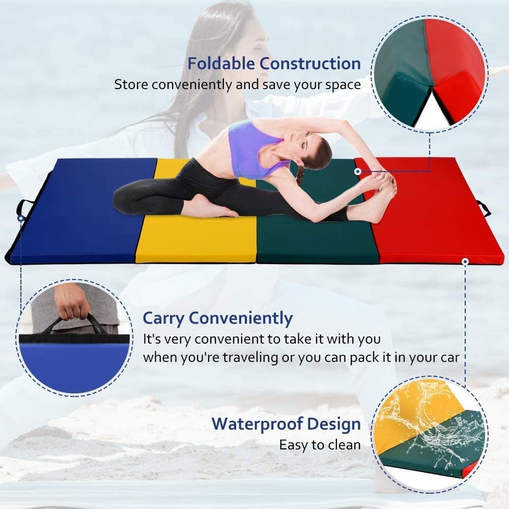 Gymnastics Mat Gym Mat Tumbling Mat Floding, Thick Yoga Mat Exercise Equipment Mat for Aerobics Workout Fitness Training 4 Panel Lightweight with Carrying Handles, Best Fitness Gym Mat - 4'x8'x2