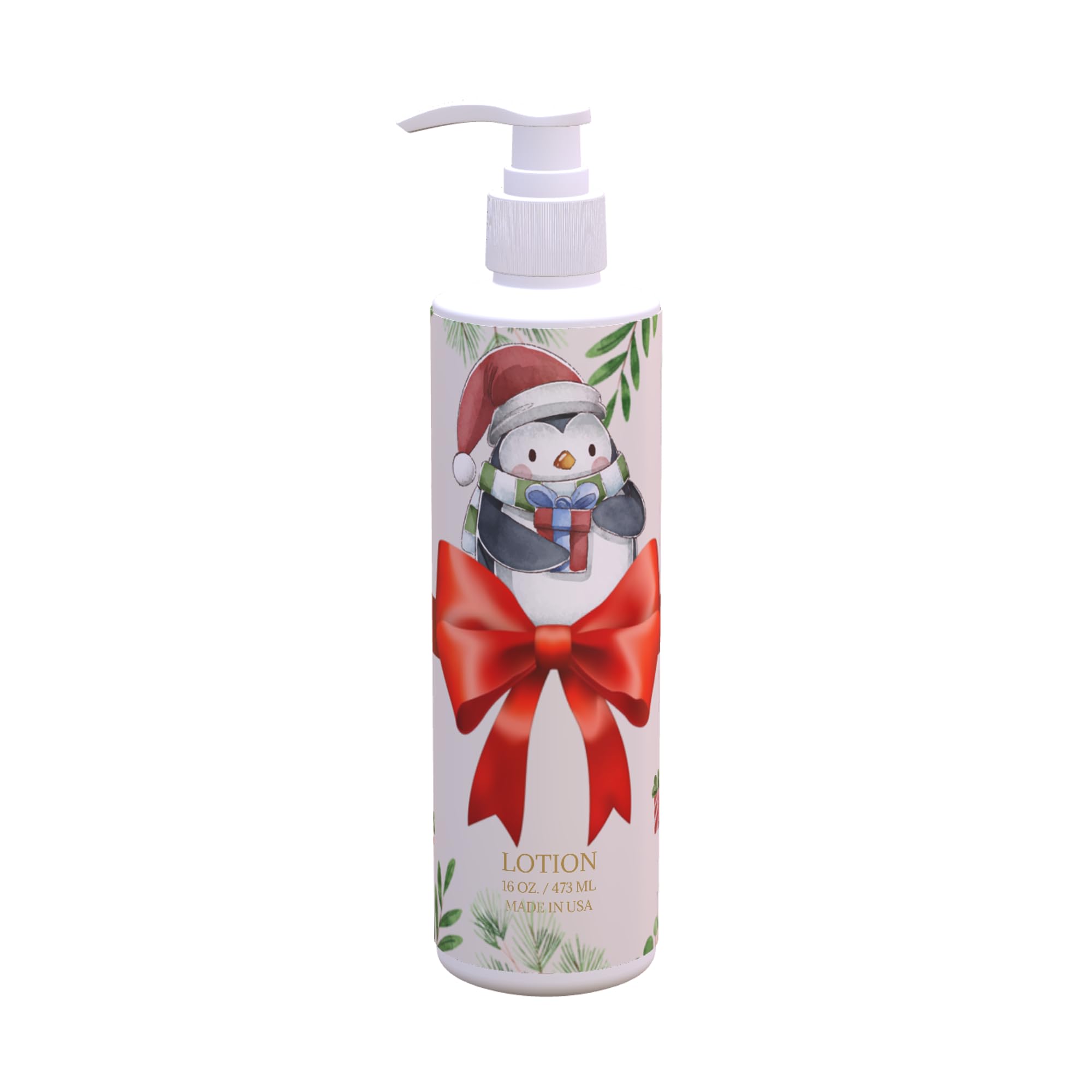 Christmas Hand Body Lotion Ribbon Penguin Design Fresh Green Tea Lemon Scent 12 Pack 16 oz Pump Bottles