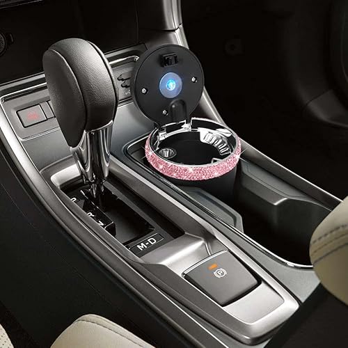 Miniatura 3 de SAVORI Cenicero de automóvil para mujeres y hombres, portavasos, portátil, sin humo, con indicador de luz LED azul, accesorios para automóvil (rosa)