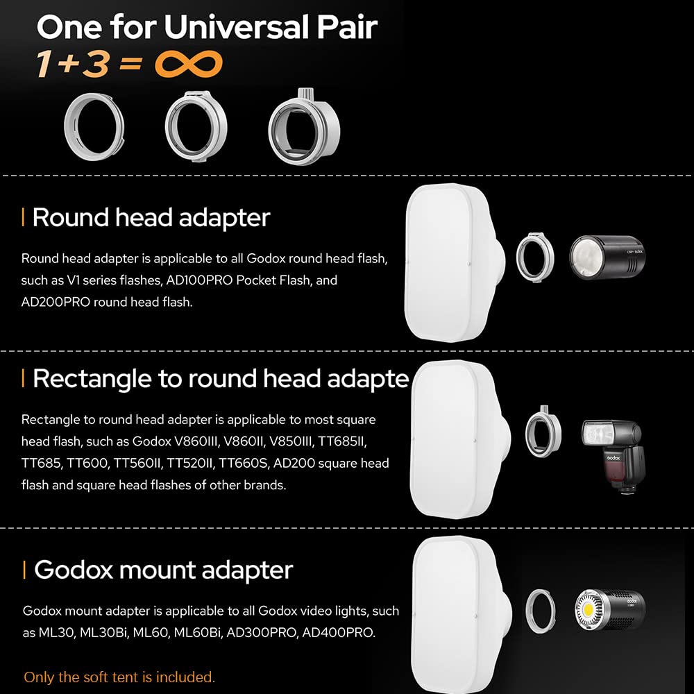 Godox ML-CS1625 Kit Tenda Morbida con 3 Adattatori per Fotografia Luce Flash Fotografia in Studio Ritratto Live Stream