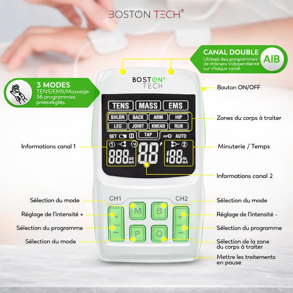 Boston Tech® Stimulateur musculaire 3 en 1 avec fonctions TENS/EMS/massage | 2 canaux, 36 programmes à intensité réglable, 4 électrodes. Soulage, réhabilite et renforce les muscles. Piles incluses.