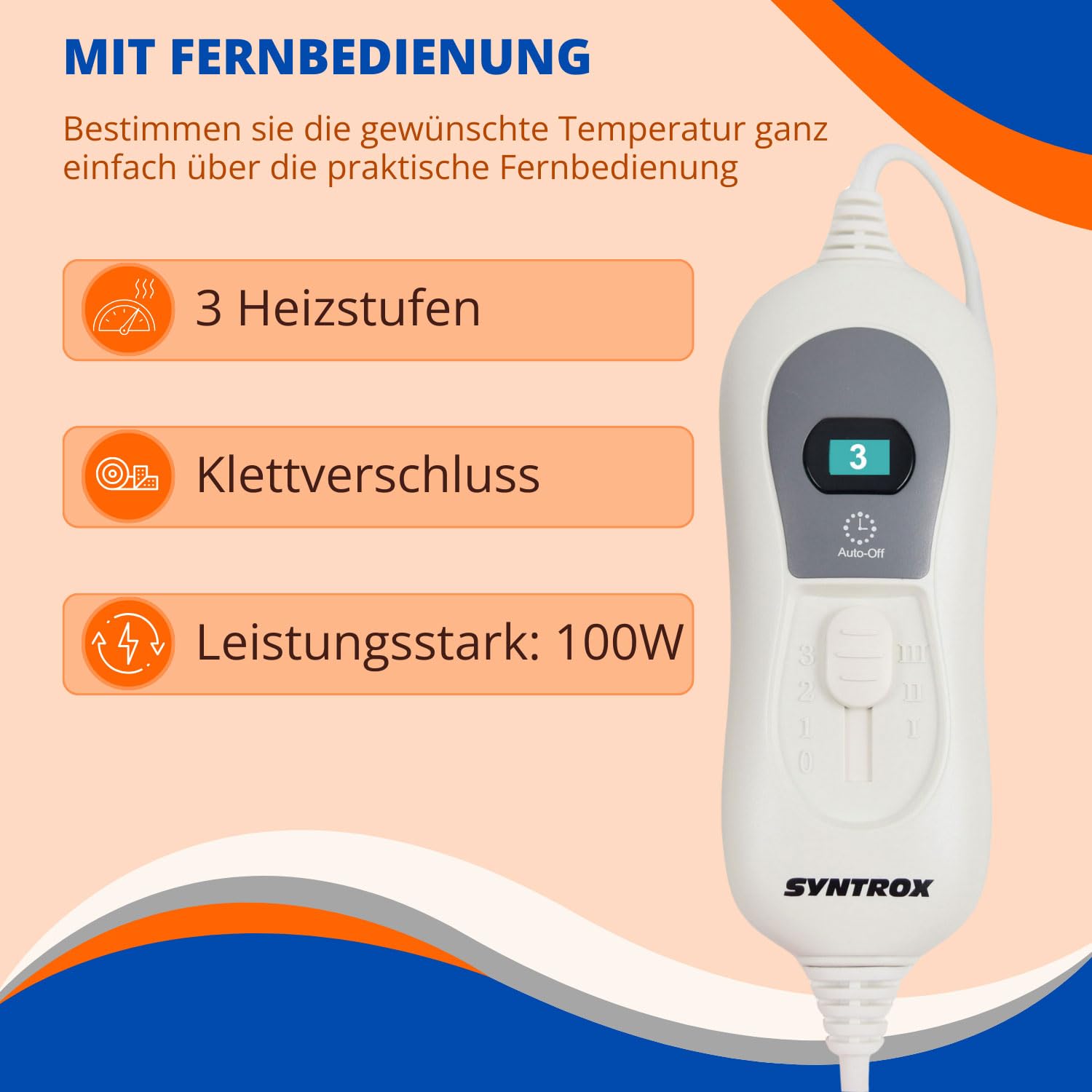 Syntrox Germany Elektrischer Wärmegürtel Kodiak, Heizgürtel, 3 Temperaturstufen, 100 Watt, 68 cm x 28 cm, Klettverschluss, Automatische Abschaltung, Verspannungen lindern