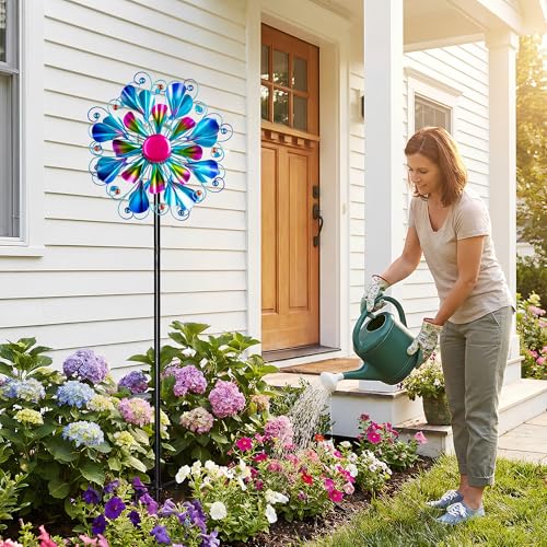 Image of Solar Wind Spinner Outdoor Metal - Peacock Kinetic Garden Sculptures with Color-Changing LED Lights, Waterproof Wind Catchers Yard Art Decor for Patio Lawn, for Women