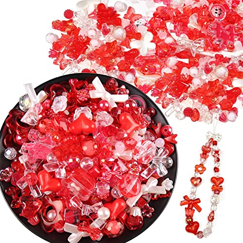 150g(170~230pcs) Aesthetic Acrylic Assorted Beads Cute Beads for Jewelry Making Kawaii Flower Heart Star Butterfly Bow Round Beads Bulk for Bracelets Making Necklaces DIY Crafts (Red)