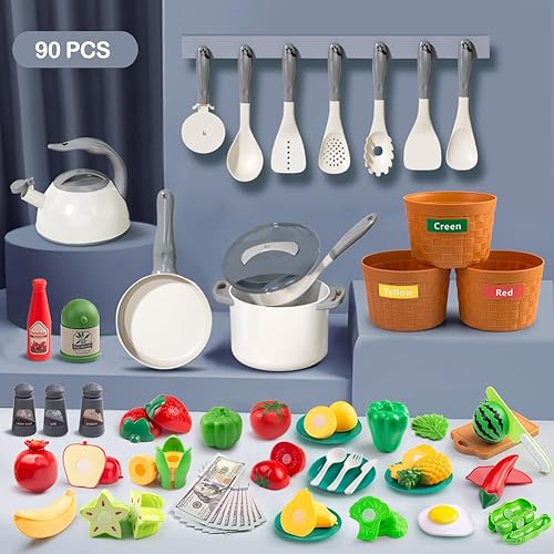 Miniatura 56 de Juego de cocina de 150 piezas, accesorios de cocina para niños pequeños, alimentos, manta de picnic, frutas, verduras, paquete de 2 cestas de Azul