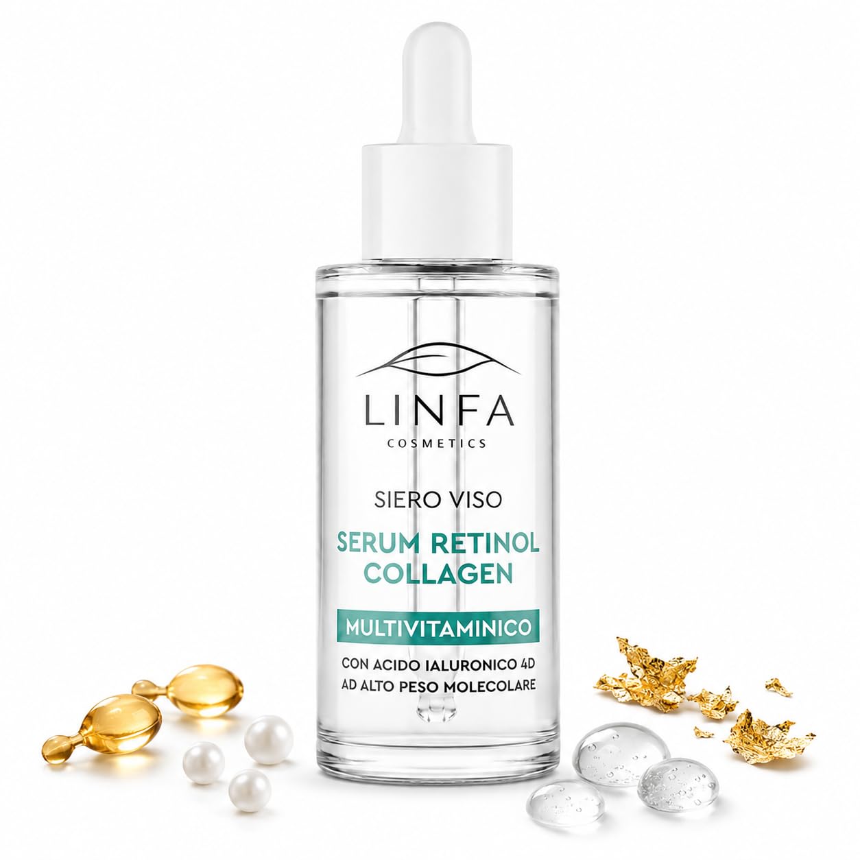 Linfa Cosmetics Serum Retinol Colágeno Anti-Edad Suero Facial Suero Antiarrugas con Retinol, Colágeno, Ácido Hialurónico y Oro Cosmético, Hidratante y Rellenador, 30 ml