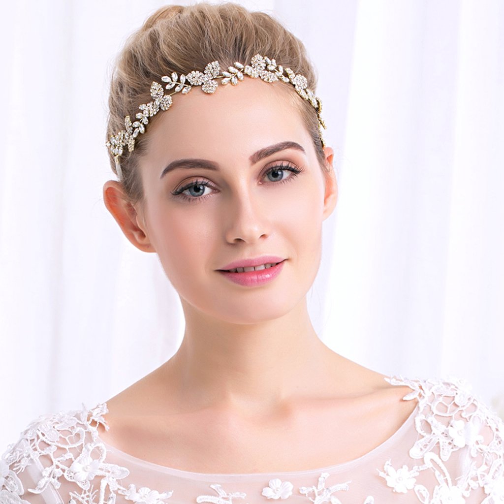 HOT Gorgeous Ladies Girls Leaf Crystal Hair Band with Ribbon - Bridal Flower Pearls Accessories for Wedding, Party - Alloy, Ribbon - 11.61 x 0.94 inch - Trending Headpiece image 3