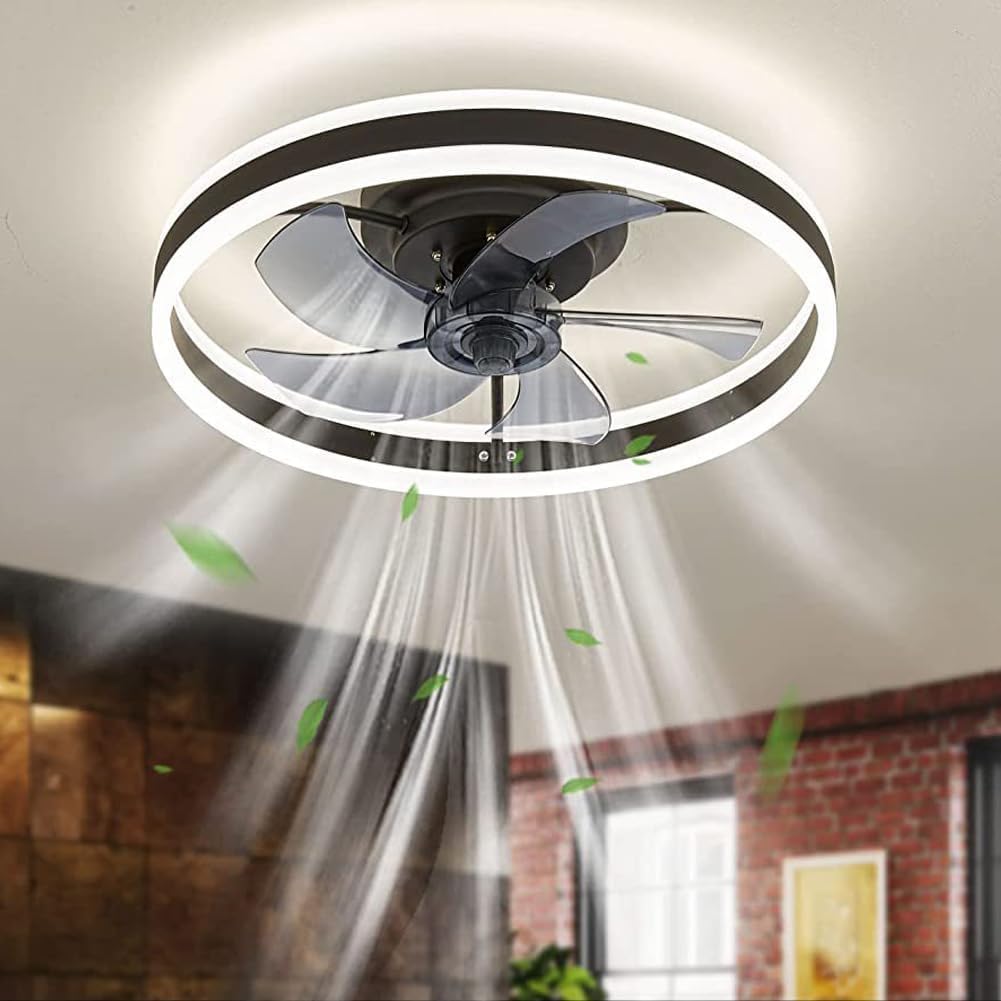 SXDMOUBK 18" Bladeless Ceiling Fan with Light & Remote Control 3 Speed Industrial Modern Ceiling Fan for Farmhouse Bedroom - Black Chandelier Design