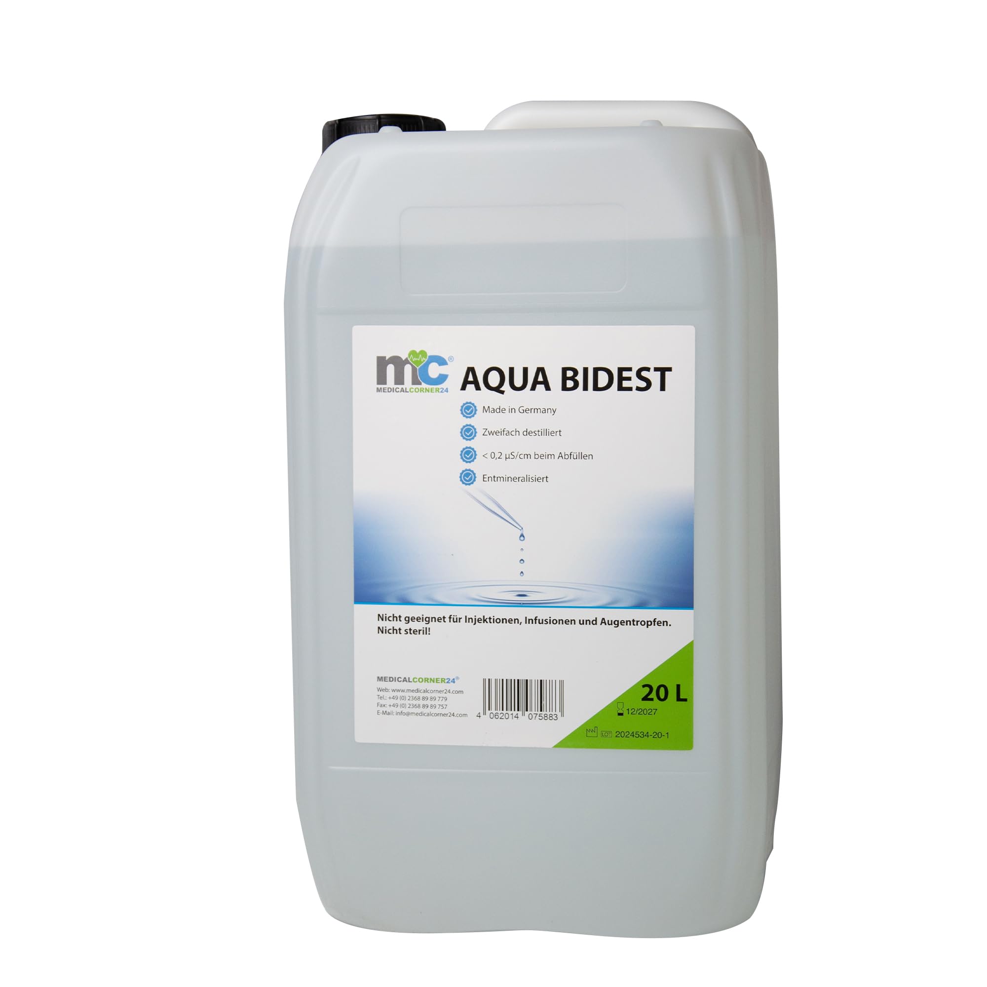 Medicalcorner24 Aqua Bidest Laborwasser, Zweifach Destilliert, Demineralisiert, 20 L Kanister, Made in Germany