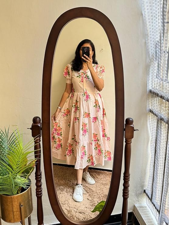 Image of MUSANIYAA Women's Rayon Floral Printed Midi Dress - Cotton A-Line Casual Dress with Short Puff Sleeves & Button Front
