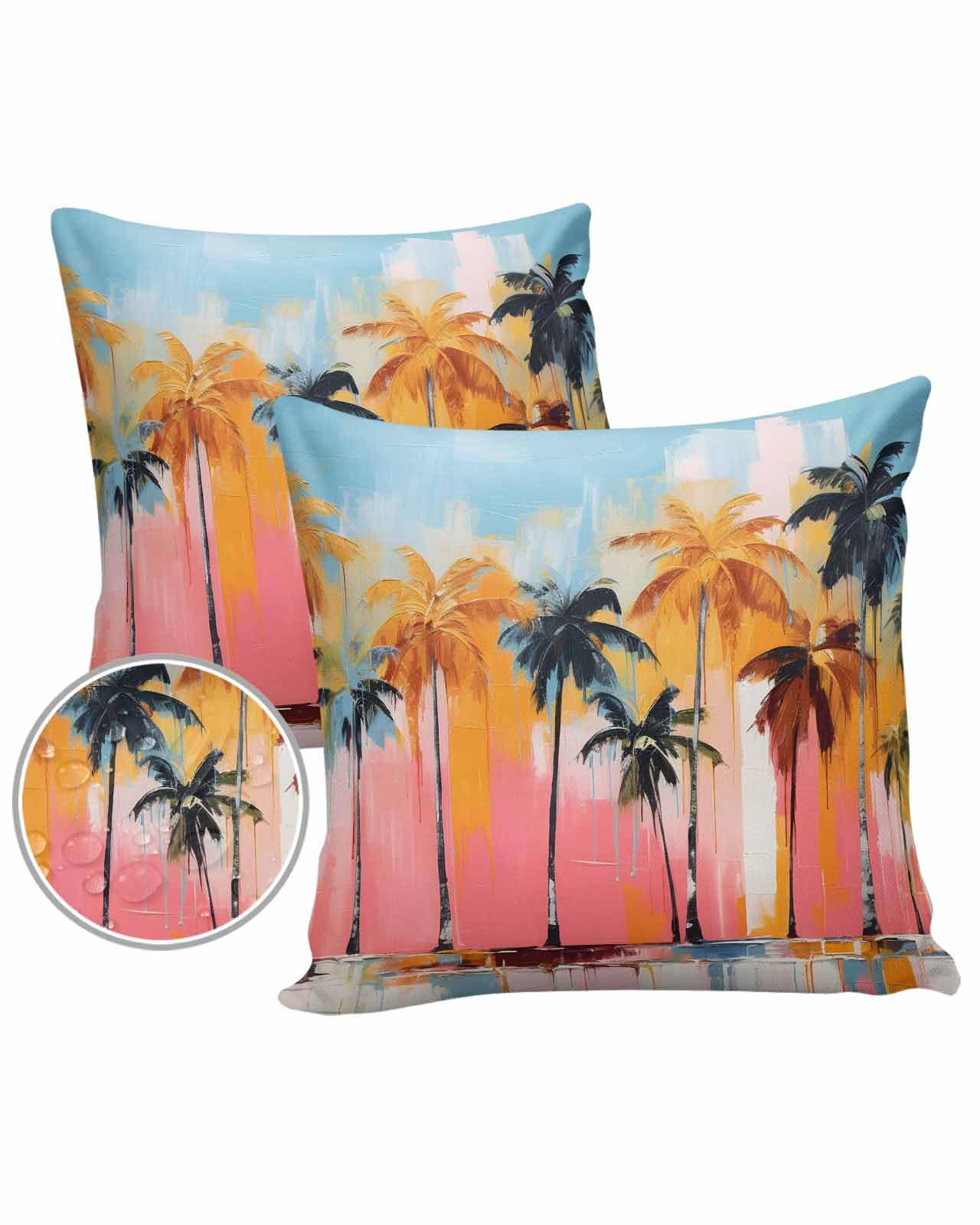 Boanket Outdoor Pillow Covers 24 x 24 In, Summer Coconut Tree Waterproof Throw Pillow Cover Set of 2, Colorful Oil Painting Tropical Plants Home Decorative Square Cushion Covers for Patio/Couch/Garden