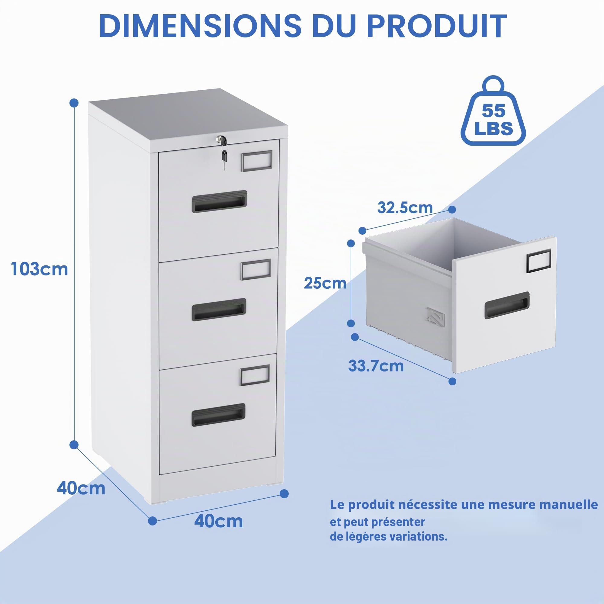 Armoire de classement A4 - en métal - Verticale - Armoire de Bureau pour Bureau à Domicile - Support d'imprimante - avec 3 tiroirs verrouillables pour dossiers Suspendus (Blanc)
